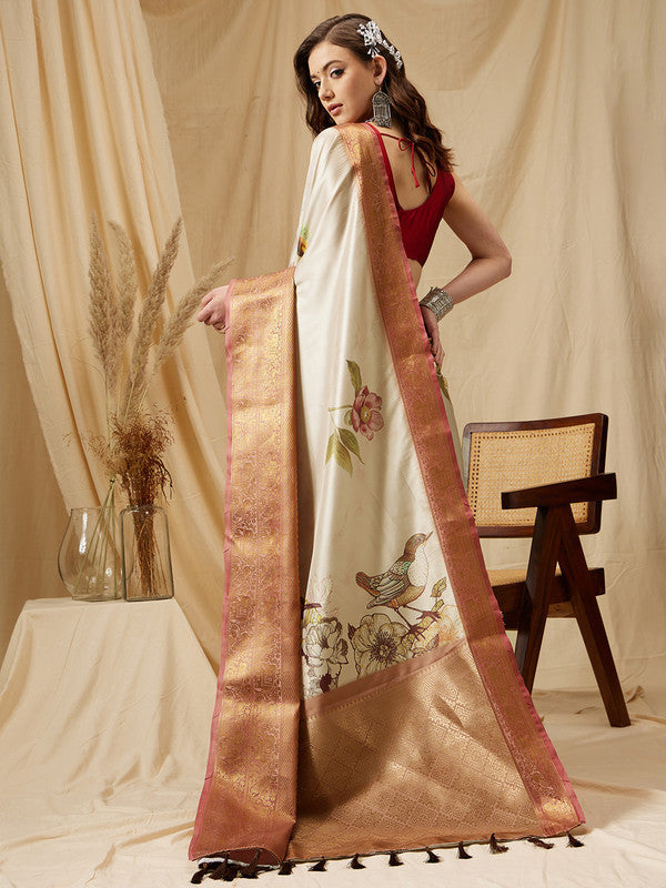 Beige Kanjeevaram Silk Digital Print Animal Print Saree with Unstitched Blouse - Hiral Fashion | Swadesiicart