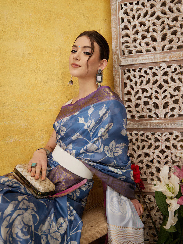 Blue Kanjeevaram Silk Digital Print Floral Saree with Unstitched Blouse - Hiral Fashion | Swadesiicart