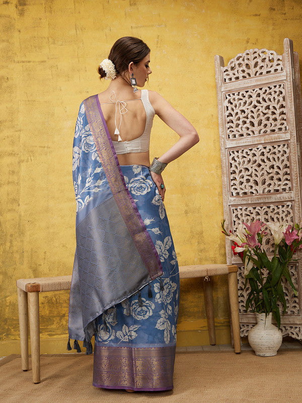 Blue Kanjeevaram Silk Digital Print Floral Saree with Unstitched Blouse - Hiral Fashion | Swadesiicart