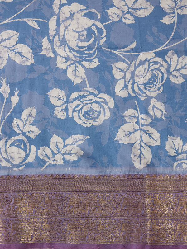 Blue Kanjeevaram Silk Digital Print Floral Saree with Unstitched Blouse - Hiral Fashion | Swadesiicart