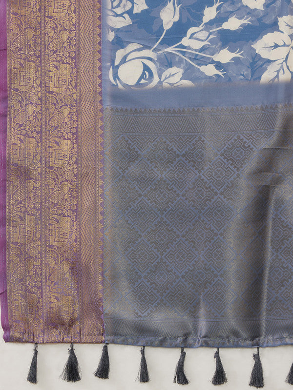 Blue Kanjeevaram Silk Digital Print Floral Saree with Unstitched Blouse - Hiral Fashion | Swadesiicart