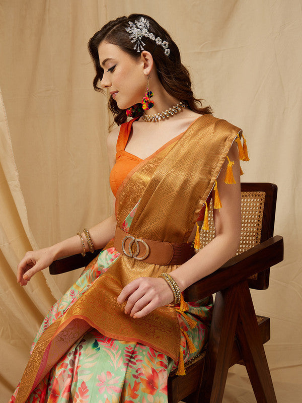 Green Kanjeevaram Silk Digital Print Floral Saree with Unstitched Blouse - Hiral Fashion | Swadesiicart