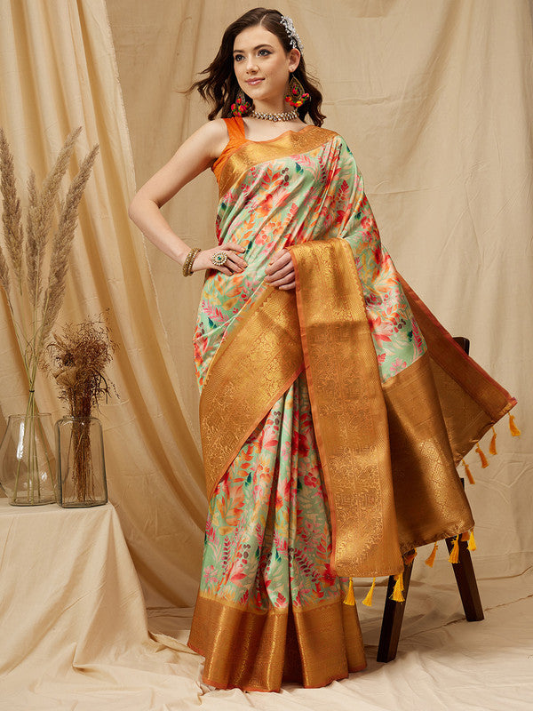 Green Kanjeevaram Silk Digital Print Floral Saree with Unstitched Blouse - Hiral Fashion | Swadesiicart