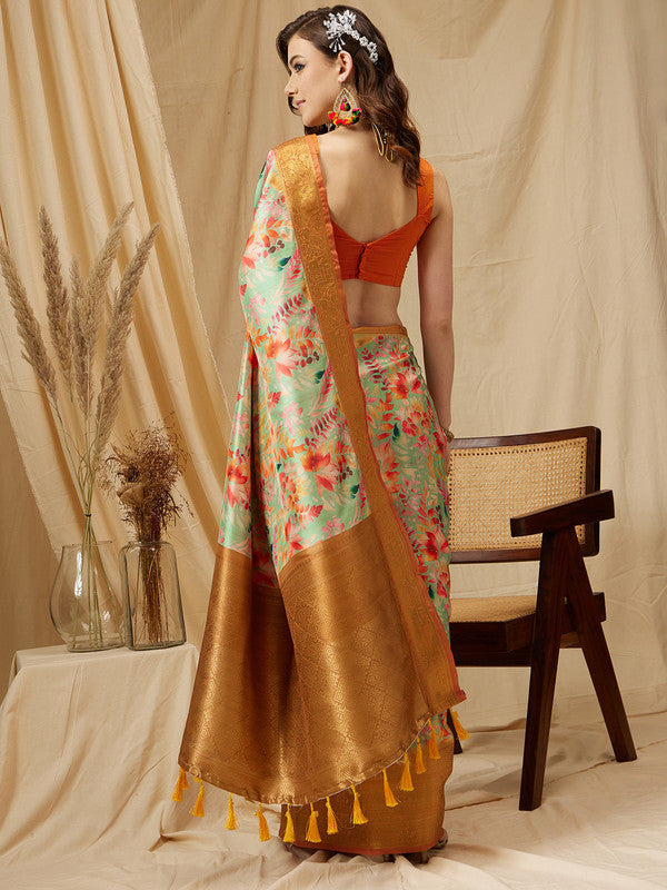 Green Kanjeevaram Silk Digital Print Floral Saree with Unstitched Blouse - Hiral Fashion | Swadesiicart