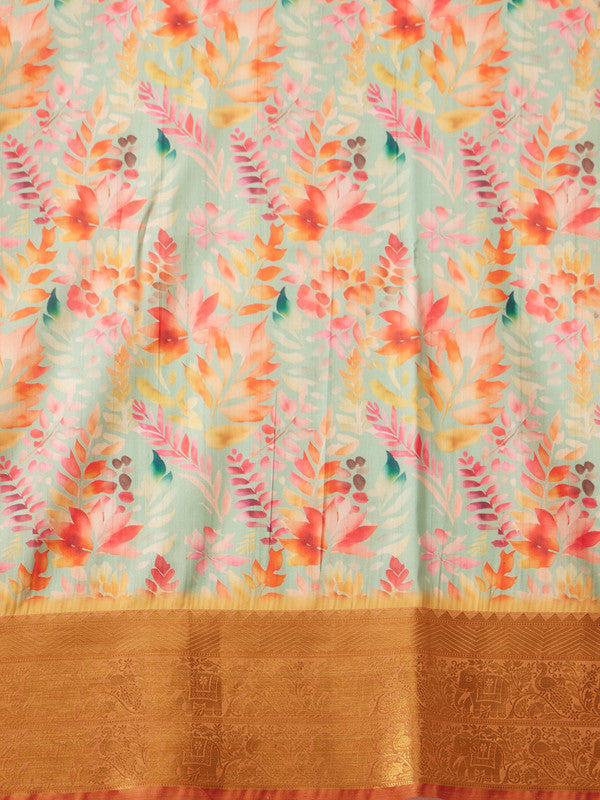 Green Kanjeevaram Silk Digital Print Floral Saree with Unstitched Blouse - Hiral Fashion | Swadesiicart