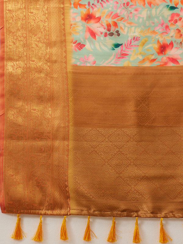 Green Kanjeevaram Silk Digital Print Floral Saree with Unstitched Blouse - Hiral Fashion | Swadesiicart