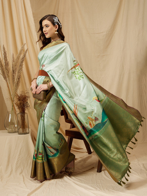 Olive Kanjeevaram Silk Digital Print Animal Print Saree with Unstitched Blouse - Hiral Fashion | Swadesiicart