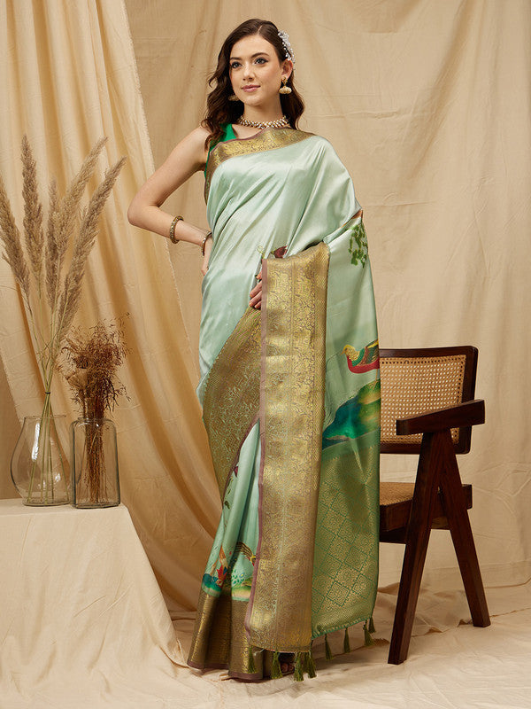 Olive Kanjeevaram Silk Digital Print Animal Print Saree with Unstitched Blouse - Hiral Fashion | Swadesiicart