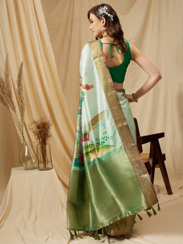 Olive Kanjeevaram Silk Digital Print Animal Print Saree with Unstitched Blouse - Hiral Fashion | Swadesiicart