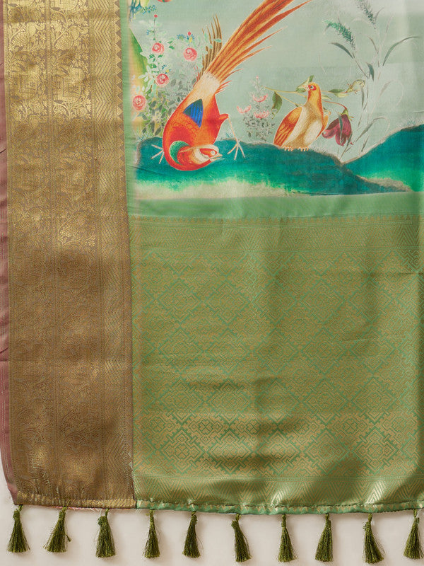 Olive Kanjeevaram Silk Digital Print Animal Print Saree with Unstitched Blouse - Hiral Fashion | Swadesiicart