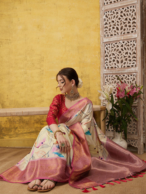 Multicolor Kanjeevaram Silk Digital Print Floral Saree with Unstitched Blouse - Hiral Fashion | Swadesiicart