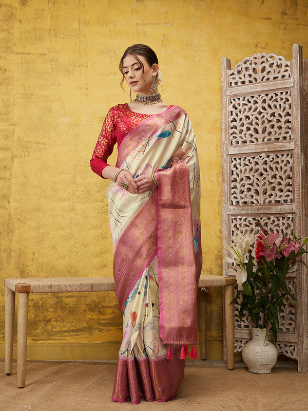 Multicolor Kanjeevaram Silk Digital Print Floral Saree with Unstitched Blouse - Hiral Fashion | Swadesiicart