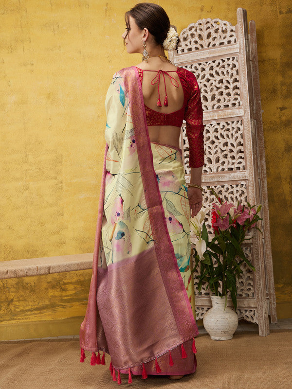 Multicolor Kanjeevaram Silk Digital Print Floral Saree with Unstitched Blouse - Hiral Fashion | Swadesiicart