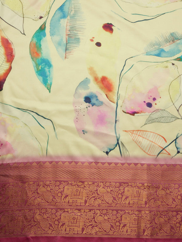 Multicolor Kanjeevaram Silk Digital Print Floral Saree with Unstitched Blouse - Hiral Fashion | Swadesiicart