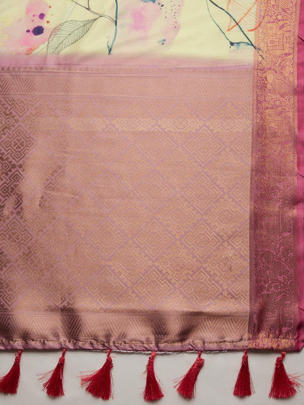 Multicolor Kanjeevaram Silk Digital Print Floral Saree with Unstitched Blouse - Hiral Fashion | Swadesiicart