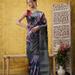 Navy Blue Kanjeevaram Silk Digital Print Floral Saree with Unstitched Blouse - Hiral Fashion | Swadesiicart