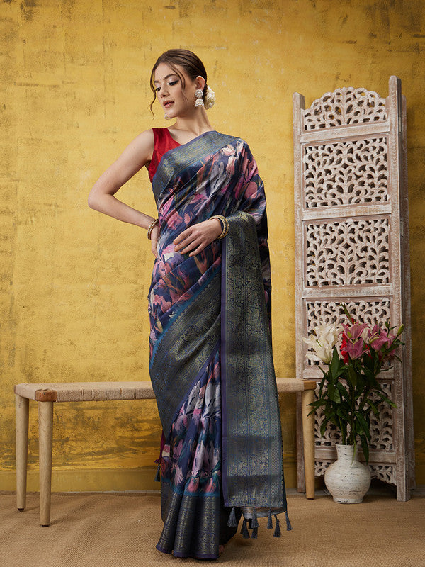 Navy Blue Kanjeevaram Silk Digital Print Floral Saree with Unstitched Blouse - Hiral Fashion | Swadesiicart