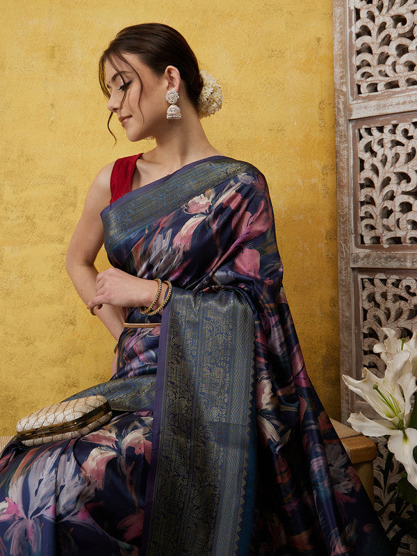 Navy Blue Kanjeevaram Silk Digital Print Floral Saree with Unstitched Blouse - Hiral Fashion | Swadesiicart