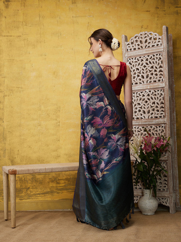 Navy Blue Kanjeevaram Silk Digital Print Floral Saree with Unstitched Blouse - Hiral Fashion | Swadesiicart