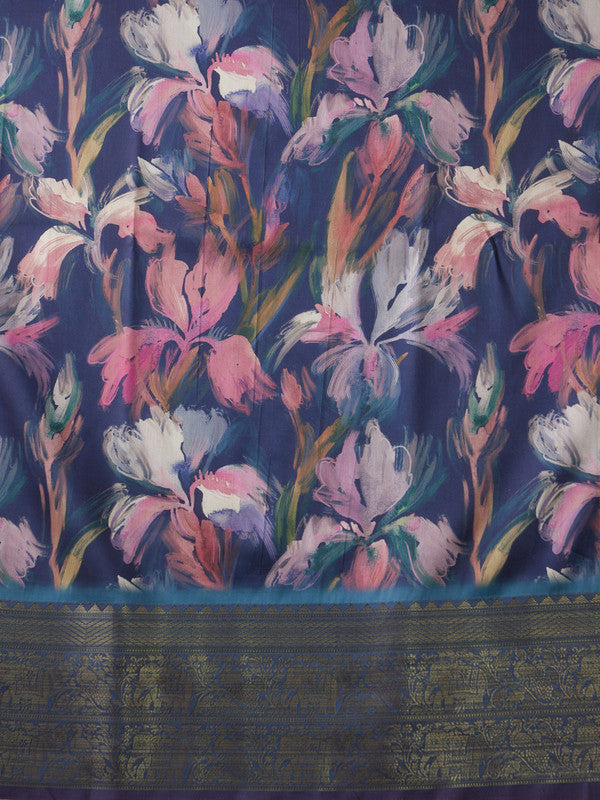 Navy Blue Kanjeevaram Silk Digital Print Floral Saree with Unstitched Blouse - Hiral Fashion | Swadesiicart