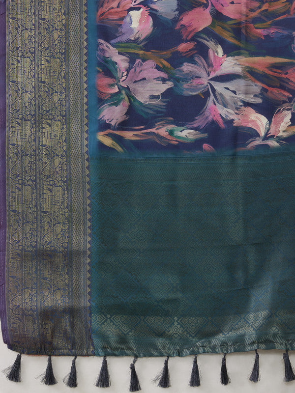 Navy Blue Kanjeevaram Silk Digital Print Floral Saree with Unstitched Blouse - Hiral Fashion | Swadesiicart