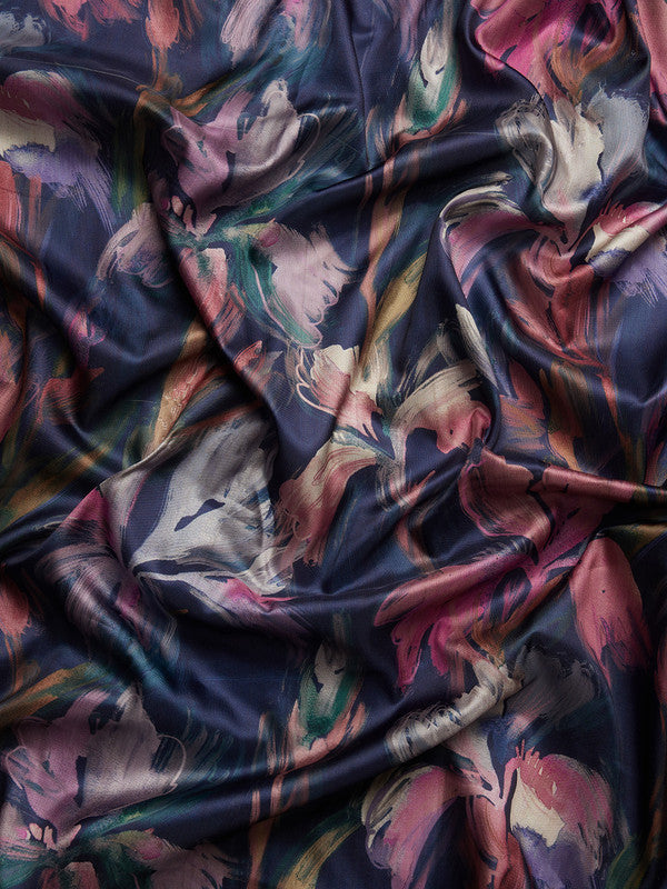 Navy Blue Kanjeevaram Silk Digital Print Floral Saree with Unstitched Blouse - Hiral Fashion | Swadesiicart