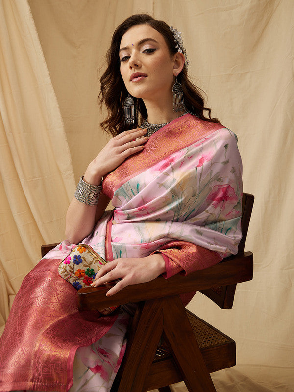 Pink Kanjeevaram Silk Digital Print Floral Saree with Unstitched Blouse - Hiral Fashion | Swadesiicart