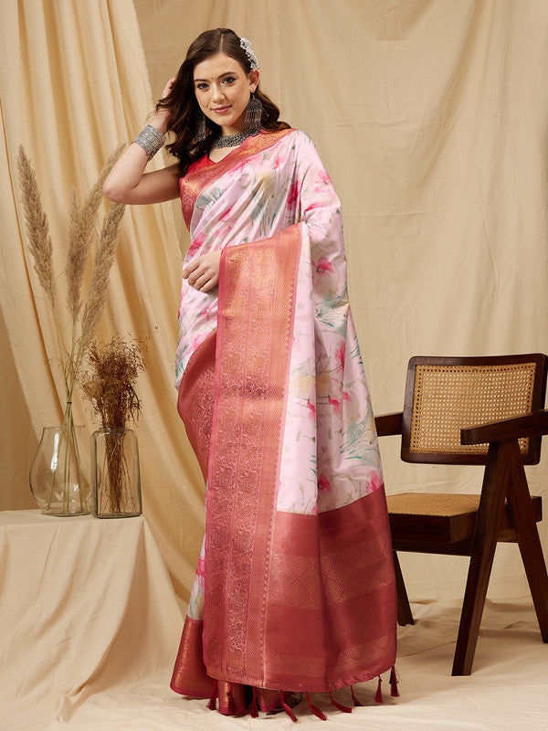 Pink Kanjeevaram Silk Digital Print Floral Saree with Unstitched Blouse - Hiral Fashion | Swadesiicart