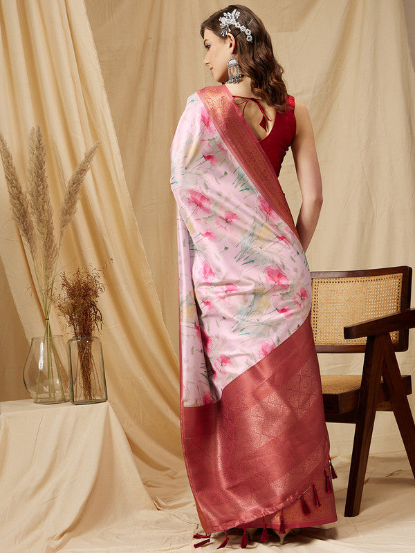Pink Kanjeevaram Silk Digital Print Floral Saree with Unstitched Blouse - Hiral Fashion | Swadesiicart