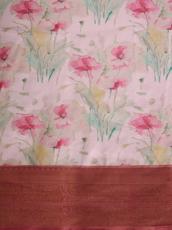 Pink Kanjeevaram Silk Digital Print Floral Saree with Unstitched Blouse - Hiral Fashion | Swadesiicart