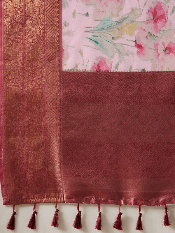 Pink Kanjeevaram Silk Digital Print Floral Saree with Unstitched Blouse - Hiral Fashion | Swadesiicart