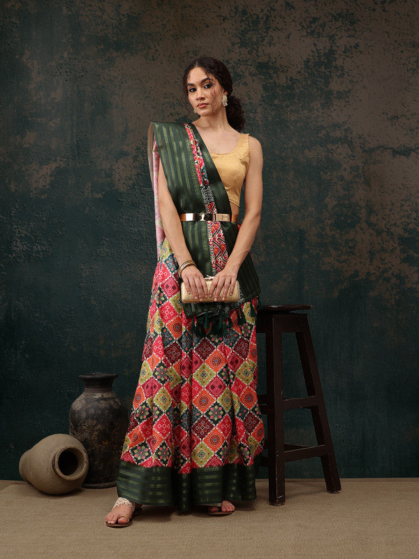Multicolor Silk Blend Digital Print Bandhani Saree with Unstitched Blouse - Hiral Fashion | Swadesiicart