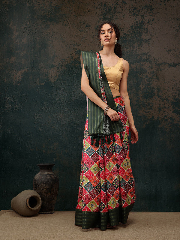 Multicolor Silk Blend Digital Print Bandhani Saree with Unstitched Blouse - Hiral Fashion | Swadesiicart