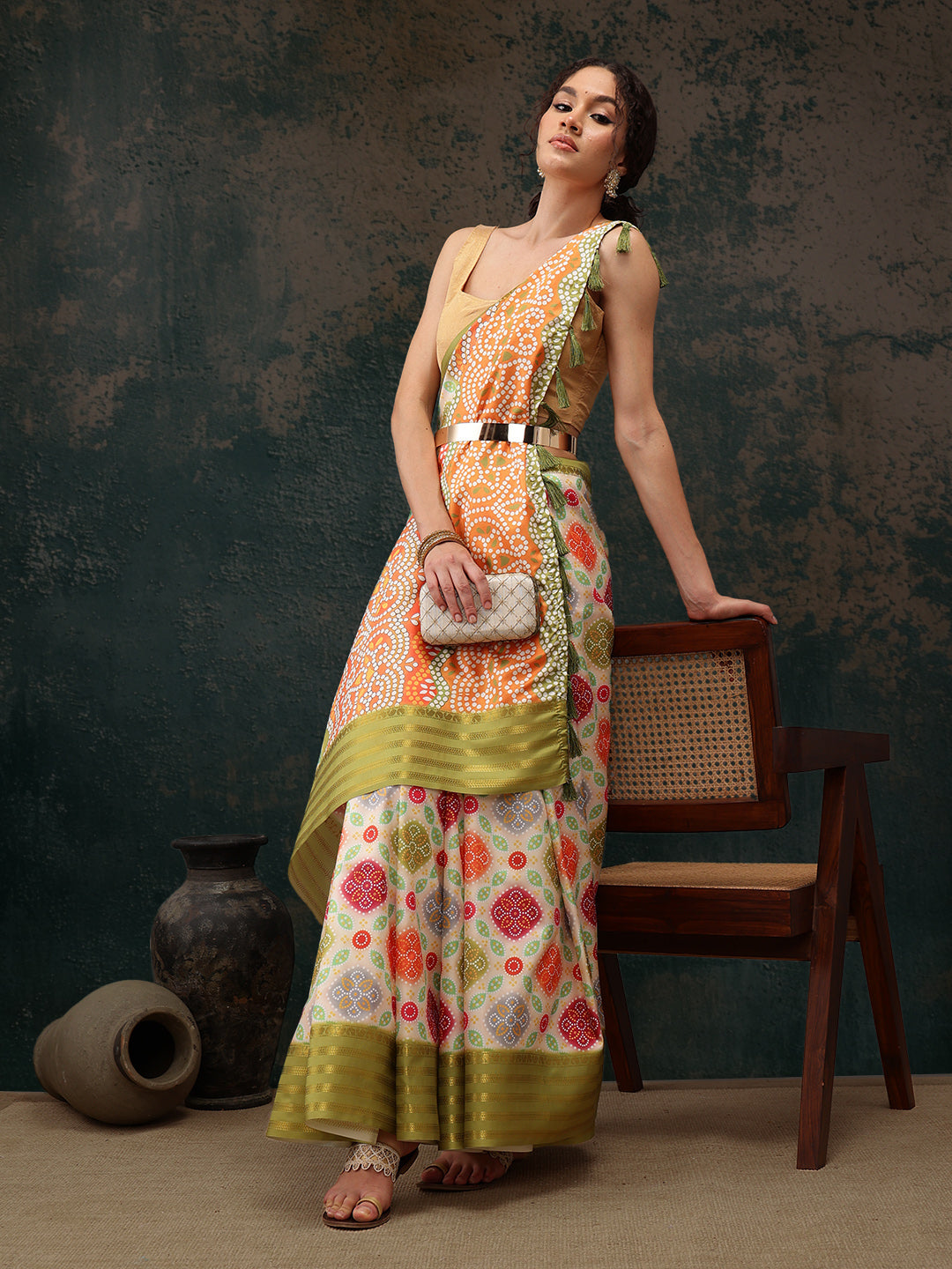 Multicolor Silk Blend Digital Print Bandhani Saree with Unstitched Blouse - Hiral Fashion | Swadesiicart
