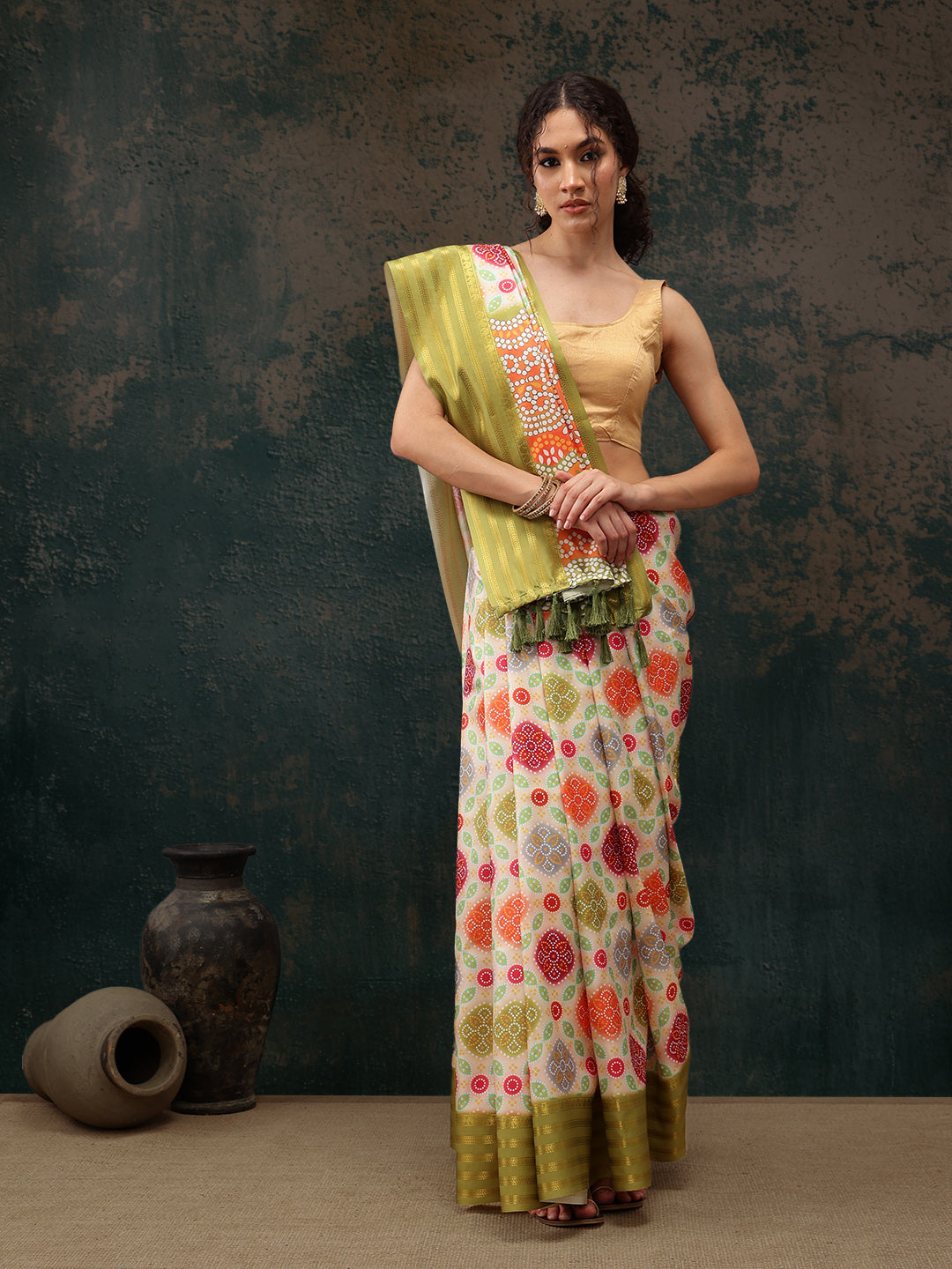 Multicolor Silk Blend Digital Print Bandhani Saree with Unstitched Blouse - Hiral Fashion | Swadesiicart