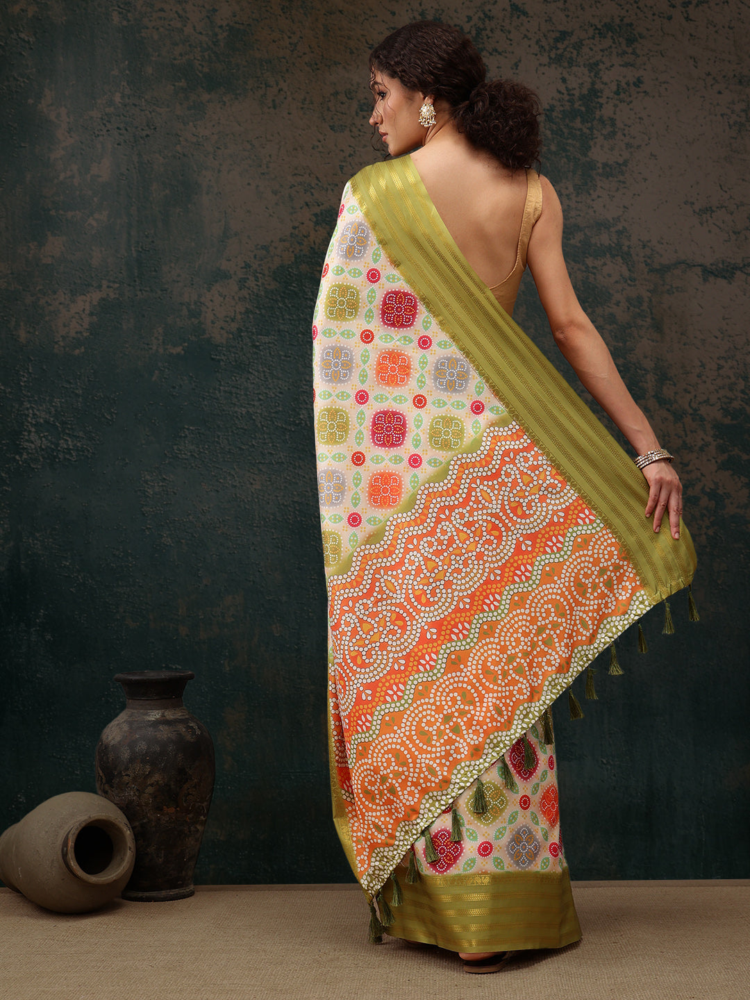 Multicolor Silk Blend Digital Print Bandhani Saree with Unstitched Blouse - Hiral Fashion | Swadesiicart