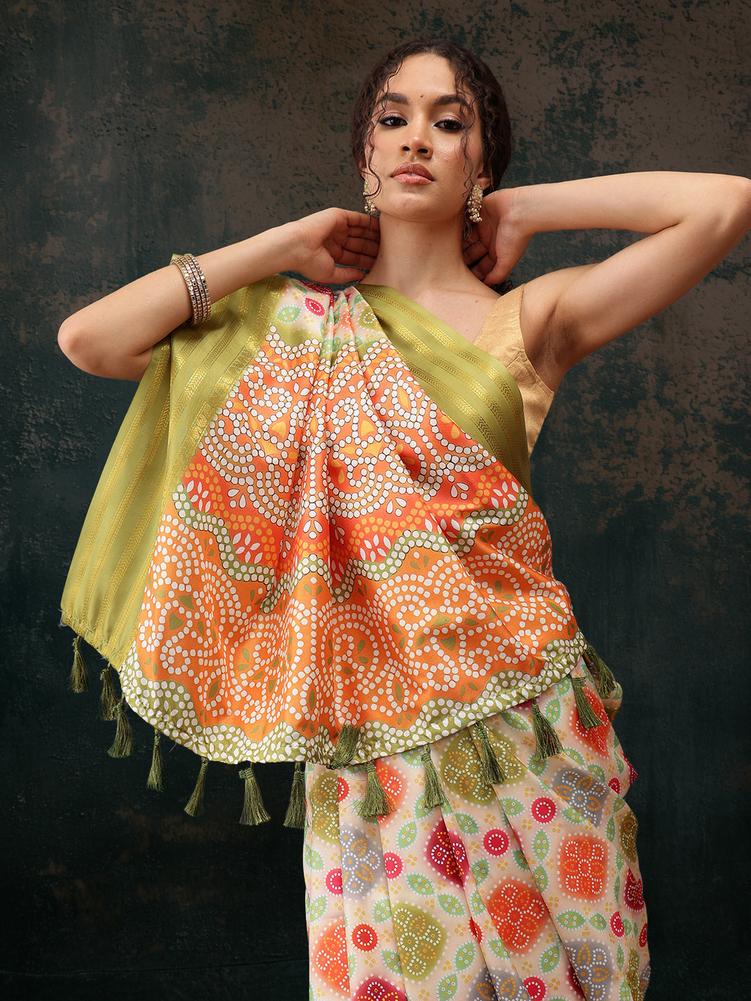 Multicolor Silk Blend Digital Print Bandhani Saree with Unstitched Blouse - Hiral Fashion | Swadesiicart