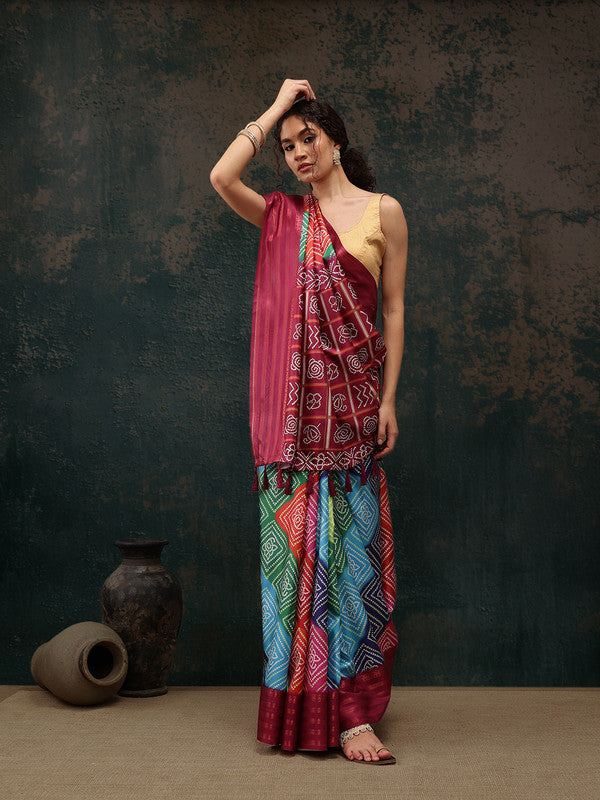 Multicolor Silk Blend Digital Print Bandhani Saree with Unstitched Blouse - Hiral Fashion | Swadesiicart