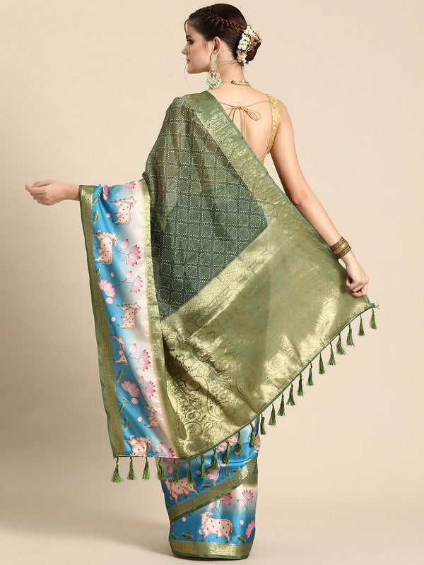 Green Kanjeevaram Silk Digital Print Geomatric Saree with Unstitched Blouse - Hiral Fashion | Swadesiicart