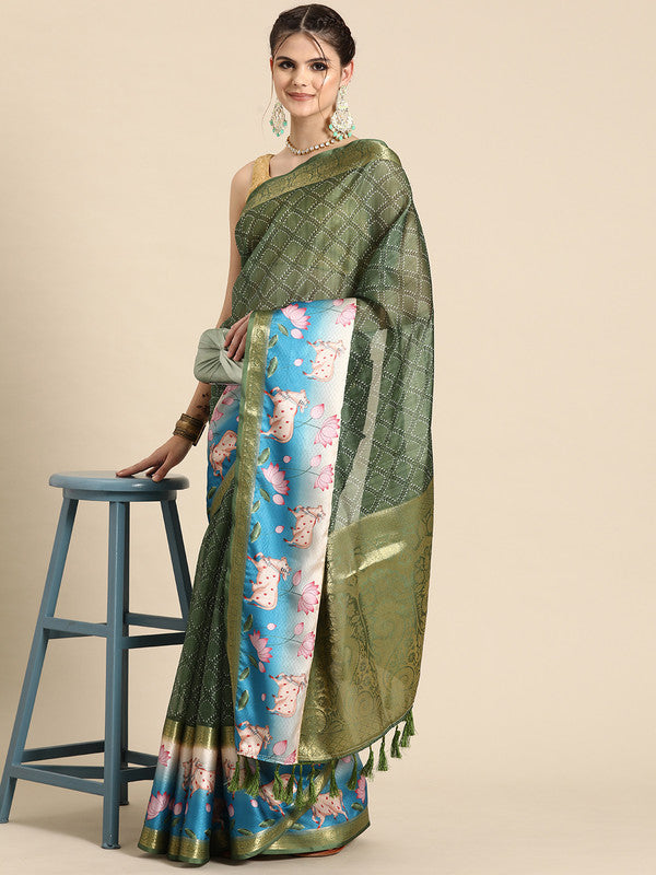 Green Kanjeevaram Silk Digital Print Geomatric Saree with Unstitched Blouse - Hiral Fashion | Swadesiicart