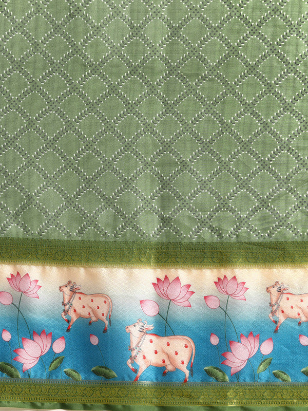 Green Kanjeevaram Silk Digital Print Geomatric Saree with Unstitched Blouse - Hiral Fashion | Swadesiicart