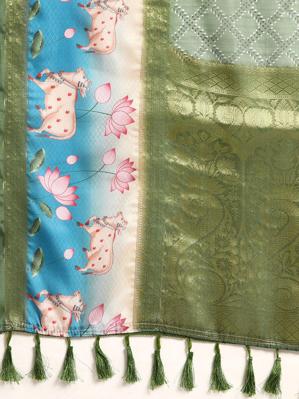 Green Kanjeevaram Silk Digital Print Geomatric Saree with Unstitched Blouse - Hiral Fashion | Swadesiicart