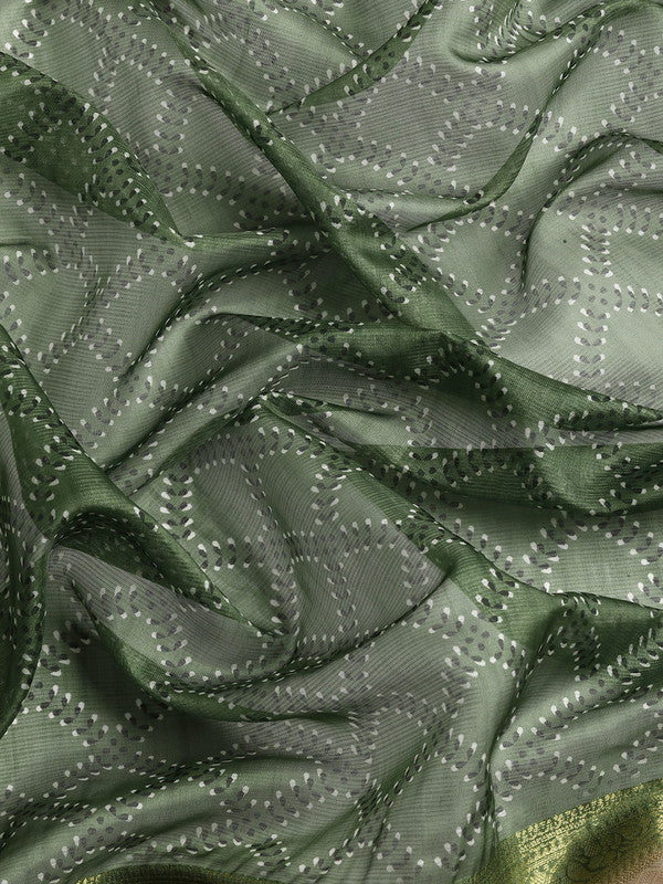 Green Kanjeevaram Silk Digital Print Geomatric Saree with Unstitched Blouse - Hiral Fashion | Swadesiicart