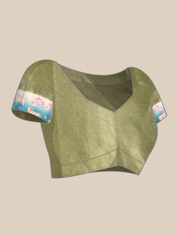 Green Kanjeevaram Silk Digital Print Geomatric Saree with Unstitched Blouse - Hiral Fashion | Swadesiicart