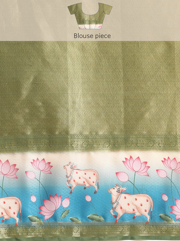 Green Kanjeevaram Silk Digital Print Geomatric Saree with Unstitched Blouse - Hiral Fashion | Swadesiicart