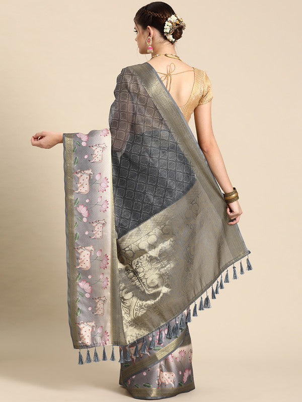 Gray Kanjeevaram Silk Digital Print Geomatric Saree with Unstitched Blouse - Hiral Fashion | Swadesiicart