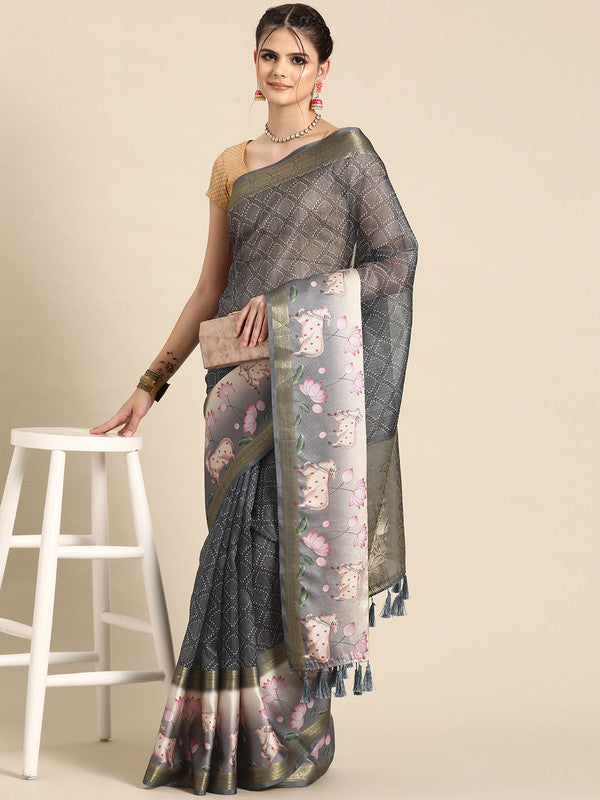 Gray Kanjeevaram Silk Digital Print Geomatric Saree with Unstitched Blouse - Hiral Fashion | Swadesiicart