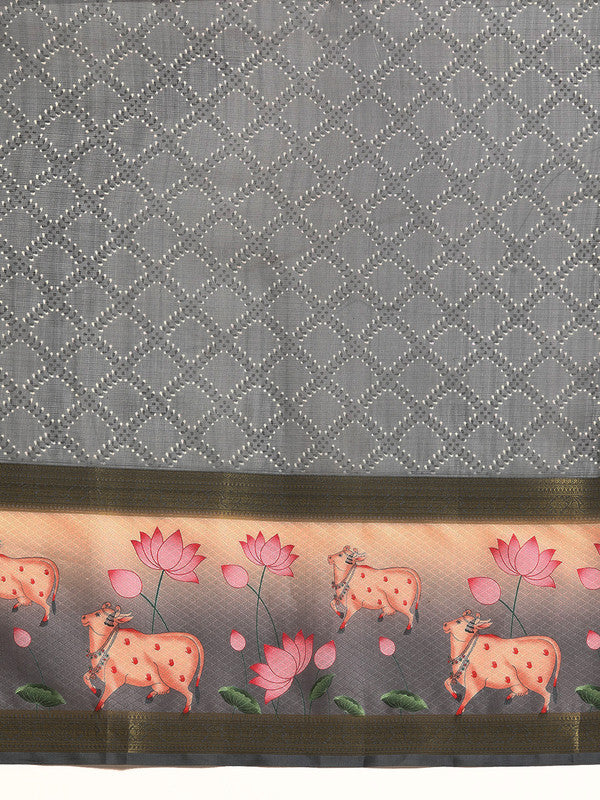 Gray Kanjeevaram Silk Digital Print Geomatric Saree with Unstitched Blouse - Hiral Fashion | Swadesiicart