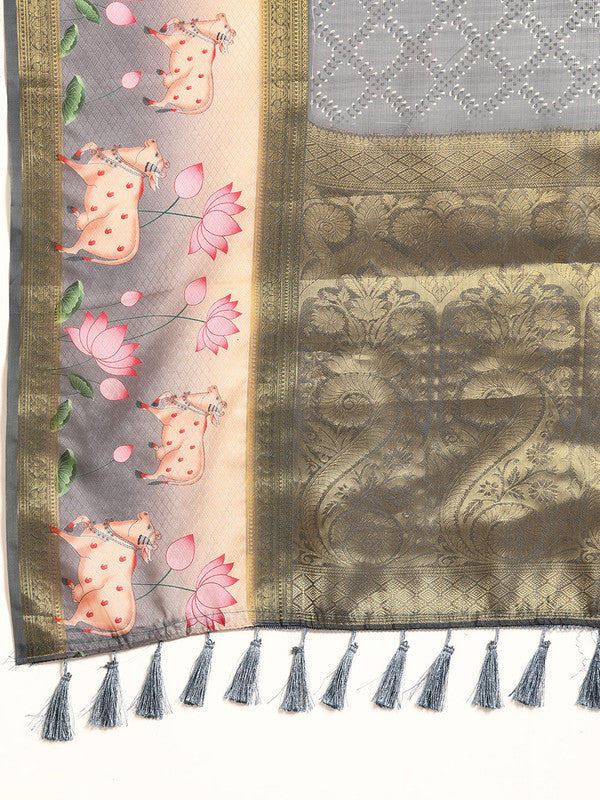 Gray Kanjeevaram Silk Digital Print Geomatric Saree with Unstitched Blouse - Hiral Fashion | Swadesiicart