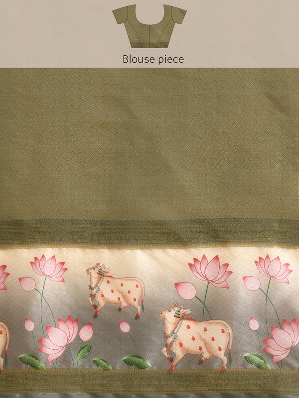 Gray Kanjeevaram Silk Digital Print Geomatric Saree with Unstitched Blouse - Hiral Fashion | Swadesiicart